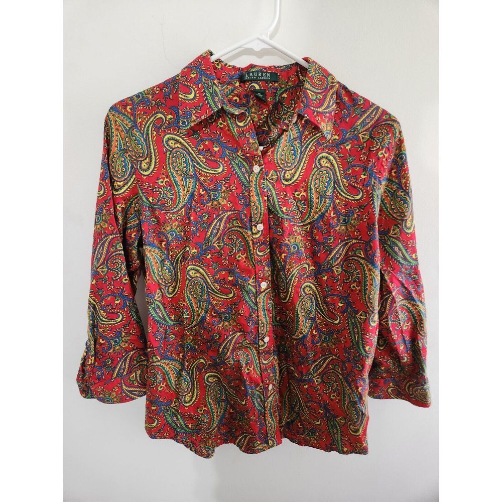Lauren by Ralph Lauren Women's Red Paisley Print 3/4 Sleeve Button-Down Shirt M